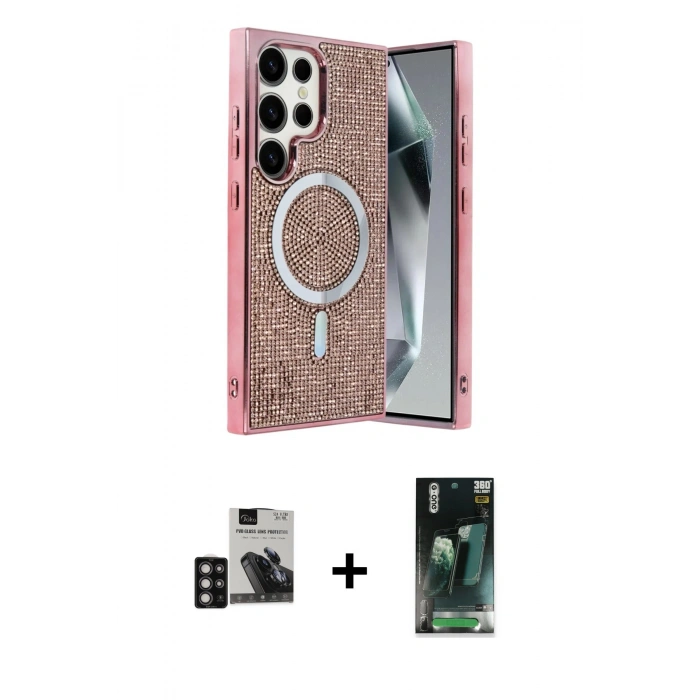 MARSİLYAN™- Galaxy S24 Ultra Kılıf Eksen Çizgi - Şeffaf 360 Full Body Arka Koruyucu + PVD Metal Kamera Lens - DNMR