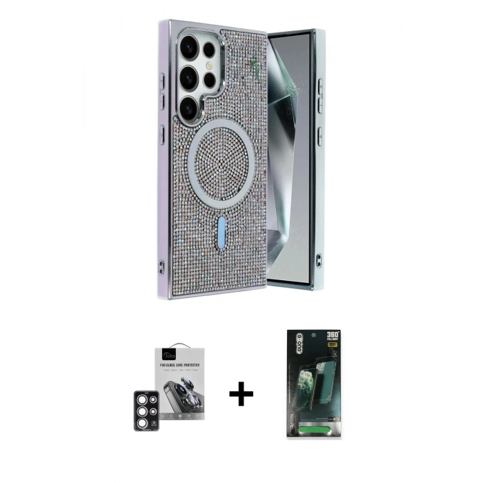 MARSİLYAN™- Galaxy S24 Ultra Kılıf Eksen Çizgi - Şeffaf 360 Full Body Arka Koruyucu + PVD Metal Kamera Lens - PE
