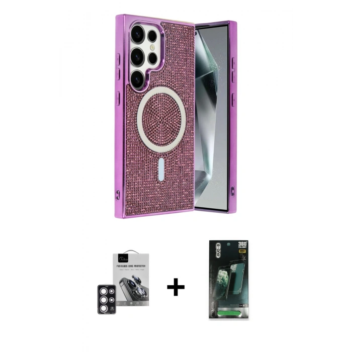 MARSİLYAN™- Galaxy S24 Ultra Kılıf Eksen Çizgi - Şeffaf 360 Full Body Arka Koruyucu + PVD Metal Kamera Lens - PE