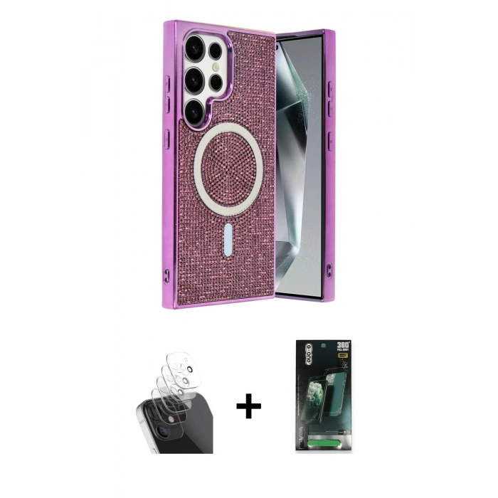 MARSİLYAN™- Galaxy S24 Ultra Kılıf Eksen Çizgi - Şeffaf 360 Full Body Arka Koruyucu + Kamera Lens Koruma Cam - SF