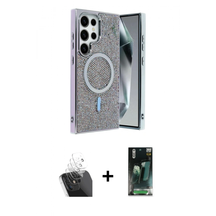 MARSİLYAN™- Galaxy S24 Ultra Kılıf Eksen Çizgi - Şeffaf 360 Full Body Arka Koruyucu + Kamera Lens Koruma Cam - SF