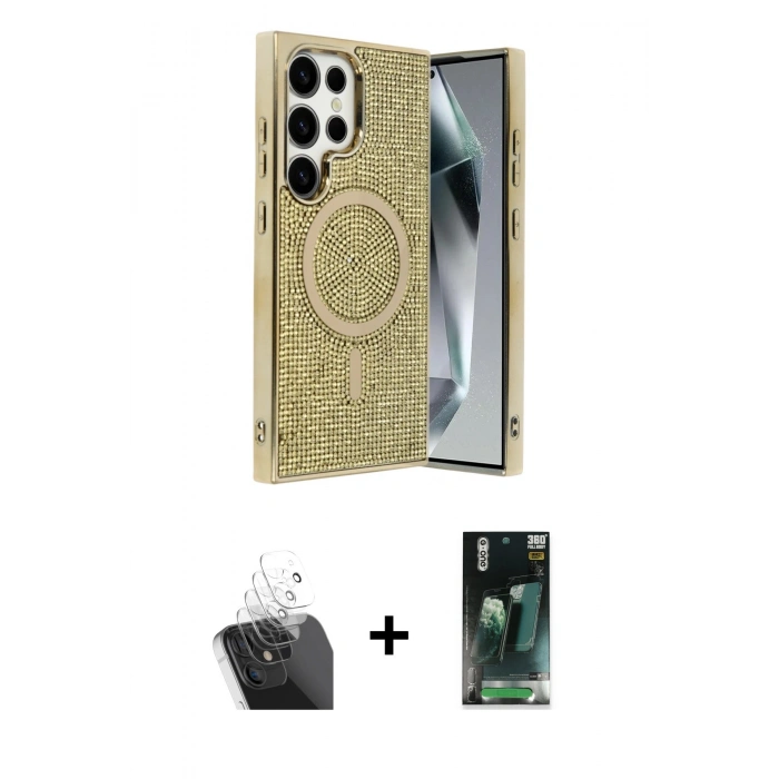 MARSİLYAN™- Galaxy S24 Ultra Kılıf Eksen Çizgi - Şeffaf 360 Full Body Arka Koruyucu + Kamera Lens Koruma Cam - SF
