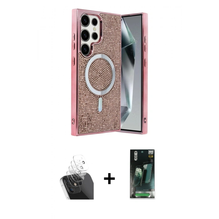 MARSİLYAN™- Galaxy S24 Ultra Kılıf Eksen Çizgi - Şeffaf 360 Full Body Arka Koruyucu + Kamera Lens Koruma Cam - SF
