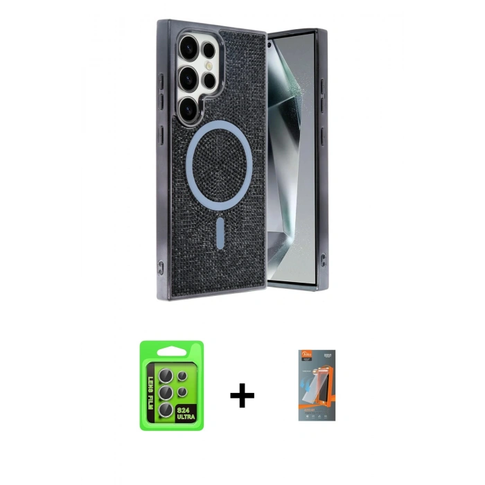 MARSİLYAN™- Galaxy S24 Ultra Kılıf Eksen Çizgi - Siyah AutoKit 5in1 Fiber Hayalet Polymer Nano Ekran Koruyucu + Raze Metal Kamera Lens - GS
