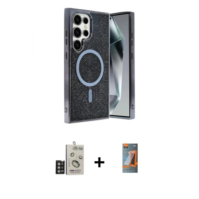 MARSİLYAN™- Galaxy S24 Ultra Kılıf Eksen Çizgi - Siyah AutoKit 5in1 Fiber Hayalet Polymer Nano Ekran Koruyucu + Bilvis Titan Kamera Lens - DNMR