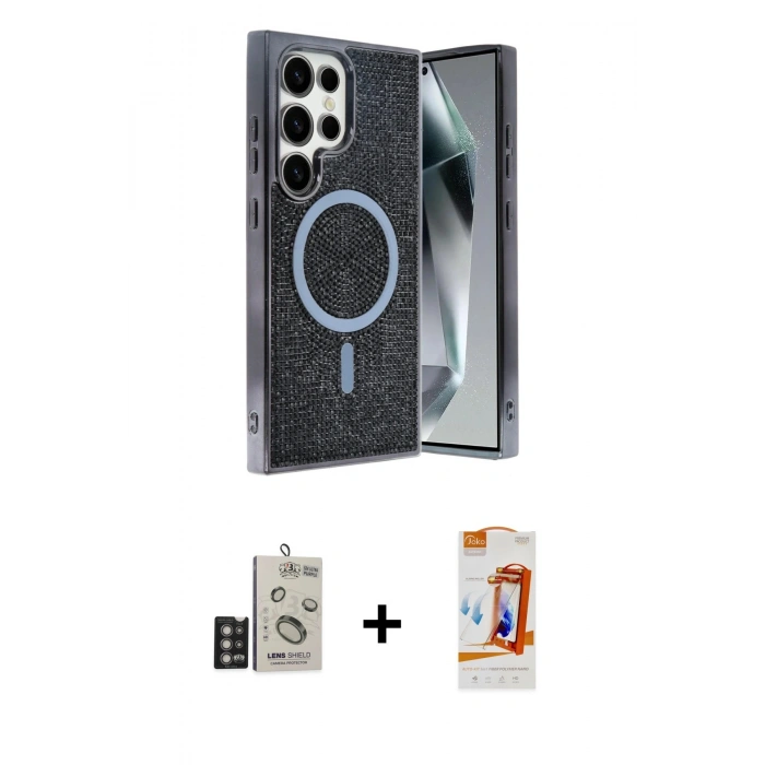 MARSİLYAN™- Galaxy S24 Ultra Kılıf Eksen Çizgi - Siyah AutoKit 5in1 Fiber Polymer Nano Ekran Koruyucu + Bilvis Titan Kamera Lens - DNMR