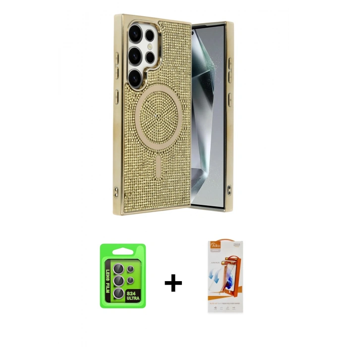 MARSİLYAN™- Galaxy S24 Ultra Kılıf Eksen Çizgi - Siyah AutoKit 5in1 Fiber Polymer Nano Ekran Koruyucu + Raze Metal Kamera Lens - MR