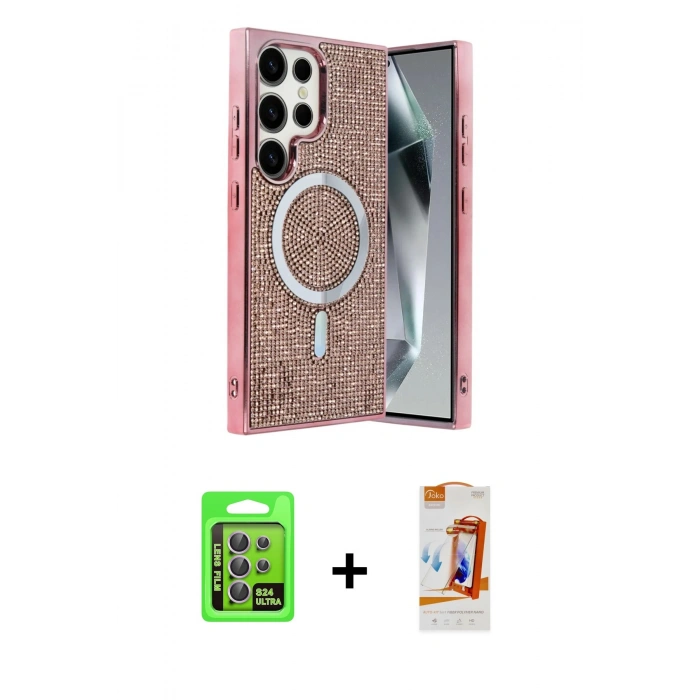 MARSİLYAN™- Galaxy S24 Ultra Kılıf Eksen Çizgi - Siyah AutoKit 5in1 Fiber Polymer Nano Ekran Koruyucu + Raze Metal Kamera Lens - MR