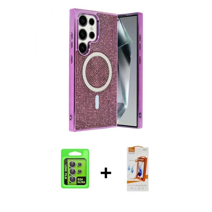 MARSİLYAN™- Galaxy S24 Ultra Kılıf Eksen Çizgi - Siyah AutoKit 5in1 Fiber Polymer Nano Ekran Koruyucu + Raze Metal Kamera Lens - MR