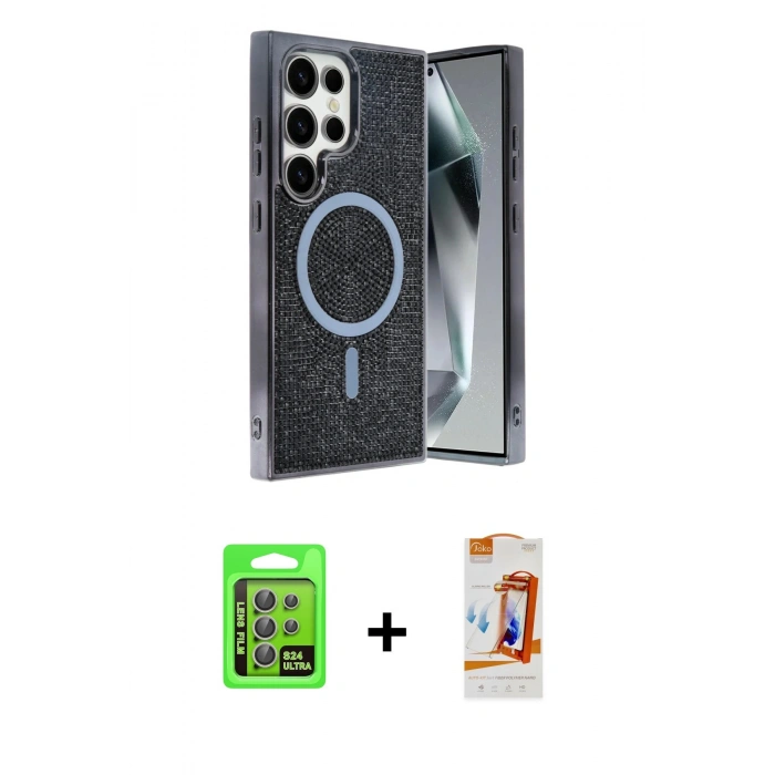 MARSİLYAN™- Galaxy S24 Ultra Kılıf Eksen Çizgi - Siyah AutoKit 5in1 Fiber Polymer Nano Ekran Koruyucu + Raze Metal Kamera Lens - GI
