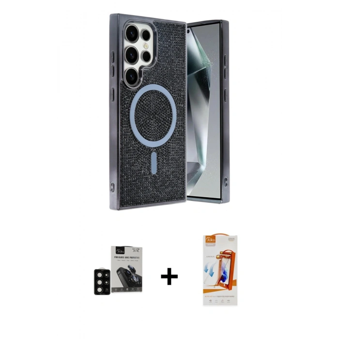 MARSİLYAN™- Galaxy S24 Ultra Kılıf Eksen Çizgi - Siyah AutoKit 5in1 Fiber Polymer Nano Ekran Koruyucu + PVD Metal Kamera Lens - SH