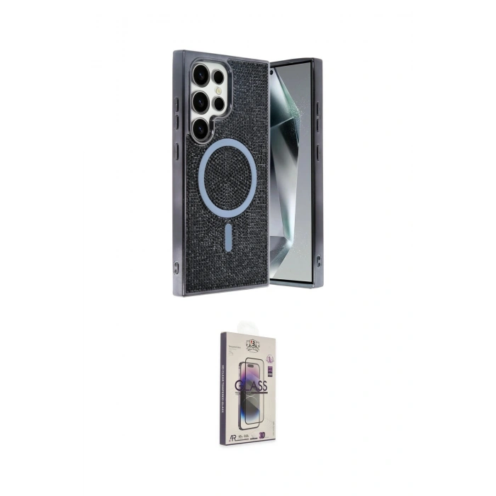 MARSİLYAN™- Galaxy S24 Ultra Kılıf Eksen Çizgi - Siyah Bilvis 3D Cam Ekran Koruyucu