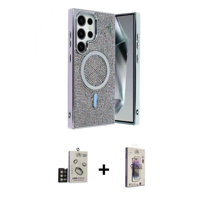 MARSİLYAN™- Galaxy S24 Ultra Kılıf Eksen Çizgi - Siyah Bilvis 3D Cam Ekran Koruyucu + Bilvis Titan Kamera Lens - GD
