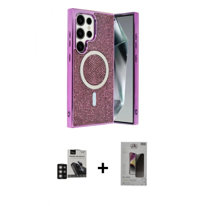 MARSİLYAN™- Galaxy S24 Ultra Kılıf Eksen Çizgi - Siyah Bilvis Hayalet Cam Ekran Koruyucu + PVD Metal Kamera Lens - DNMR