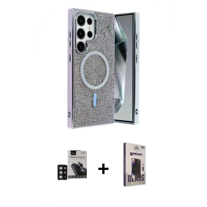 MARSİLYAN™- Galaxy S24 Ultra Kılıf Eksen Çizgi - Siyah Bilvis Hayalet Cam Ekran Koruyucu + PVD Metal Kamera Lens - DNMR