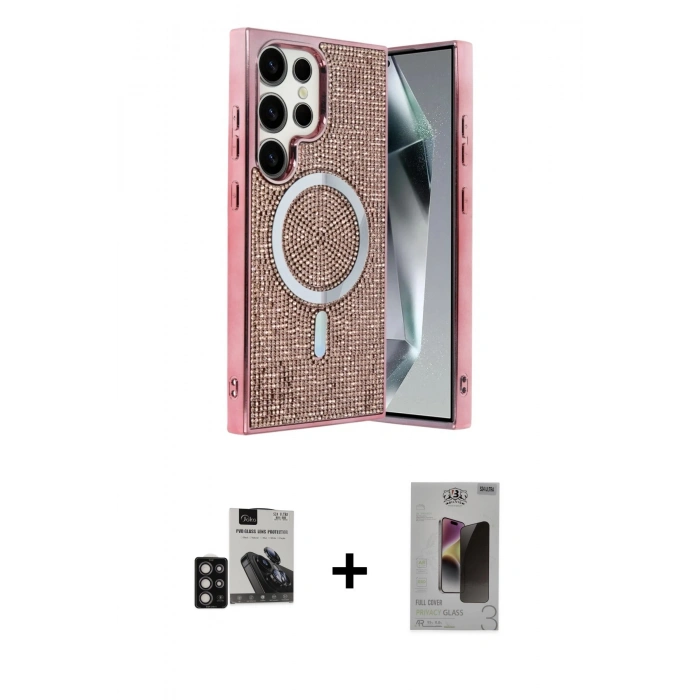 MARSİLYAN™- Galaxy S24 Ultra Kılıf Eksen Çizgi - Siyah Bilvis Hayalet Cam Ekran Koruyucu + PVD Metal Kamera Lens - DNMR
