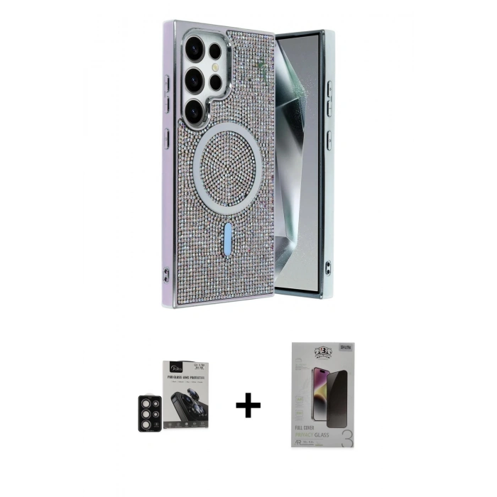 MARSİLYAN™- Galaxy S24 Ultra Kılıf Eksen Çizgi - Siyah Bilvis Hayalet Cam Ekran Koruyucu + PVD Metal Kamera Lens - DNMR