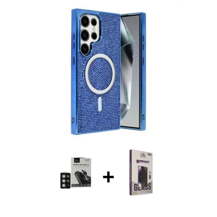 MARSİLYAN™- Galaxy S24 Ultra Kılıf Eksen Çizgi - Siyah Bilvis Hayalet Cam Ekran Koruyucu + PVD Metal Kamera Lens - DNMR