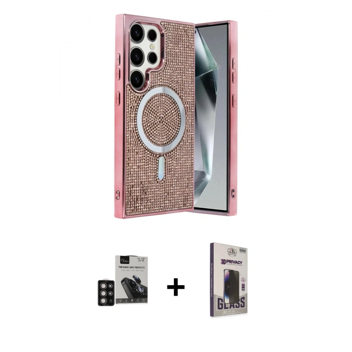 MARSİLYAN™- Galaxy S24 Ultra Kılıf Eksen Çizgi - Siyah Bilvis Hayalet Cam Ekran Koruyucu + PVD Metal Kamera Lens - DNMR