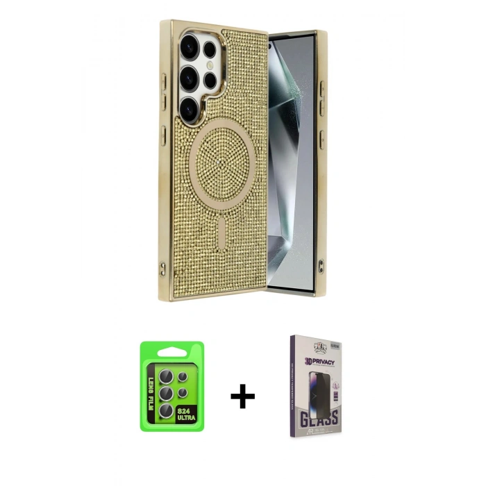 MARSİLYAN™- Galaxy S24 Ultra Kılıf Eksen Çizgi - Siyah Bilvis Hayalet Cam Ekran Koruyucu + Raze Metal Kamera Lens - GS