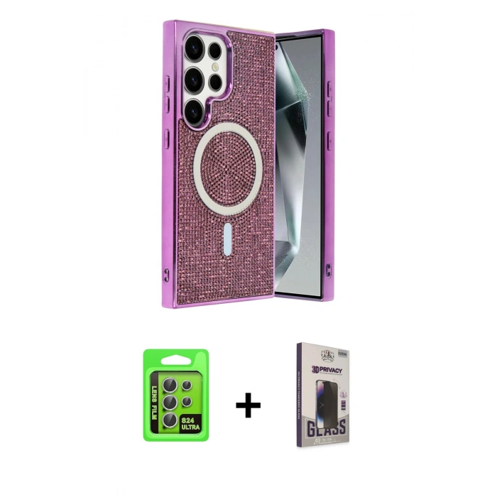 MARSİLYAN™- Galaxy S24 Ultra Kılıf Eksen Çizgi - Siyah Bilvis Hayalet Cam Ekran Koruyucu + Raze Metal Kamera Lens - GS