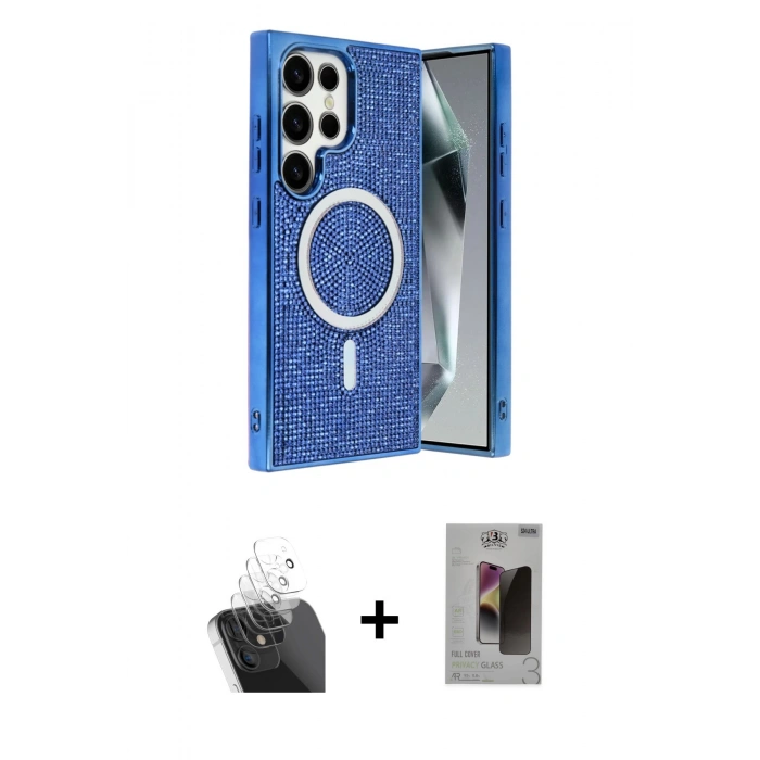 MARSİLYAN™- Galaxy S24 Ultra Kılıf Eksen Çizgi - Siyah Bilvis Hayalet Cam Ekran Koruyucu + Kamera Lens Koruma Cam - SF