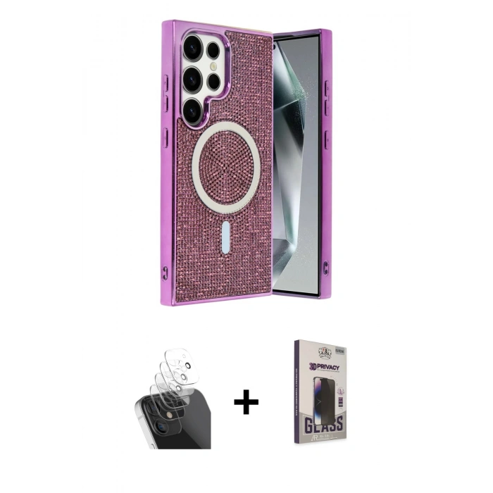 MARSİLYAN™- Galaxy S24 Ultra Kılıf Eksen Çizgi - Siyah Bilvis Hayalet Cam Ekran Koruyucu + Kamera Lens Koruma Cam - SF