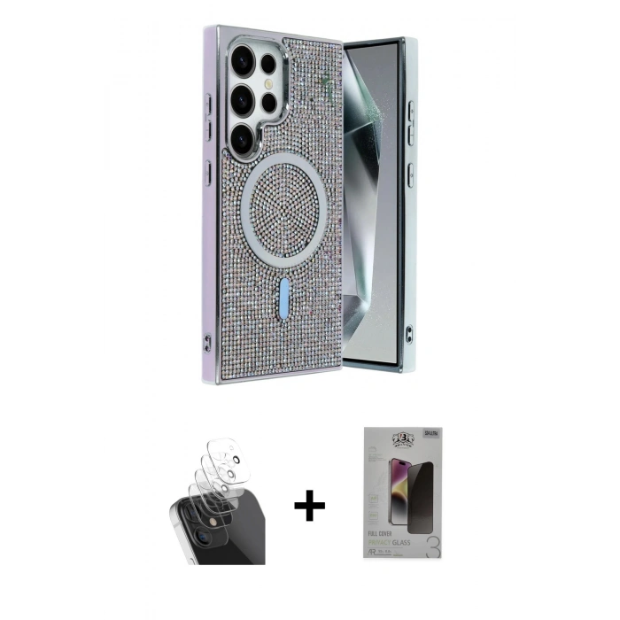 MARSİLYAN™- Galaxy S24 Ultra Kılıf Eksen Çizgi - Siyah Bilvis Hayalet Cam Ekran Koruyucu + Kamera Lens Koruma Cam - SF