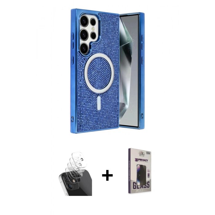 MARSİLYAN™- Galaxy S24 Ultra Kılıf Eksen Çizgi - Siyah Bilvis Hayalet Cam Ekran Koruyucu + Kamera Lens Koruma Cam - SF