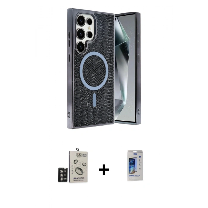 MARSİLYAN™- Galaxy S24 Ultra Kılıf Eksen Çizgi - Siyah Durable Full Glue Curved Cam + Bilvis Titan Kamera Lens - DNMR