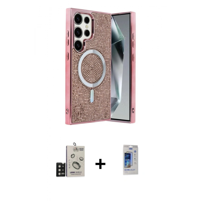 MARSİLYAN™- Galaxy S24 Ultra Kılıf Eksen Çizgi - Siyah Durable Full Glue Curved Cam + Bilvis Titan Kamera Lens - SH