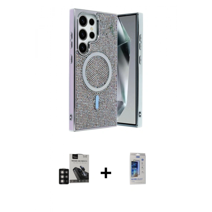 MARSİLYAN™- Galaxy S24 Ultra Kılıf Eksen Çizgi - Siyah Durable Full Glue Curved Cam + PVD Metal Kamera Lens - DNMR