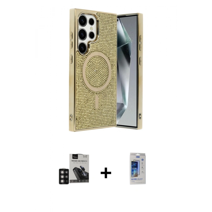 MARSİLYAN™- Galaxy S24 Ultra Kılıf Eksen Çizgi - Siyah Durable Full Glue Curved Cam + PVD Metal Kamera Lens - DNMR