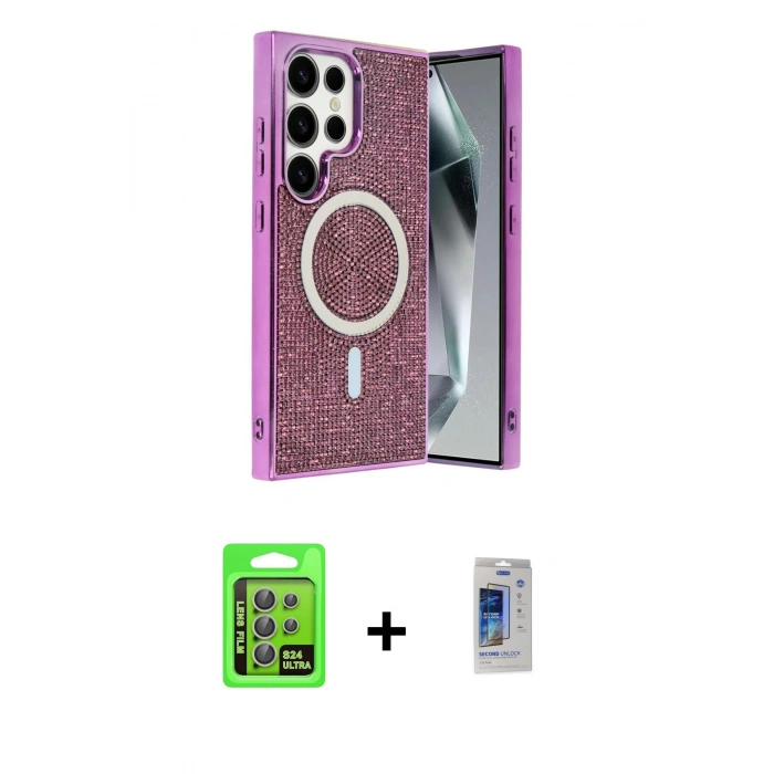 MARSİLYAN™- Galaxy S24 Ultra Kılıf Eksen Çizgi - Siyah Durable Full Glue Curved Cam + Raze Metal Kamera Lens - GI