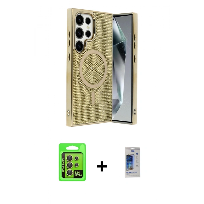 MARSİLYAN™- Galaxy S24 Ultra Kılıf Eksen Çizgi - Siyah Durable Full Glue Curved Cam + Raze Metal Kamera Lens - SI