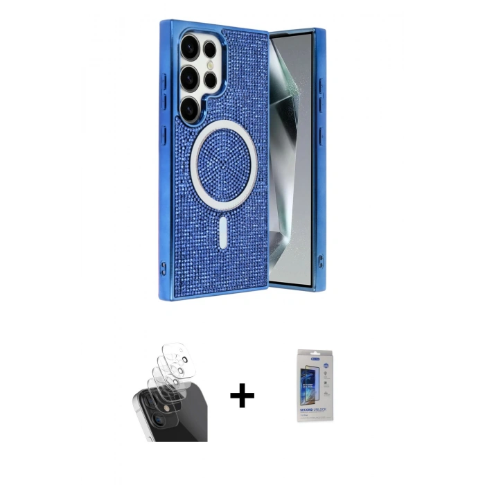 MARSİLYAN™- Galaxy S24 Ultra Kılıf Eksen Çizgi - Siyah Durable Full Glue Curved Cam + Kamera Lens Koruma Cam - SF