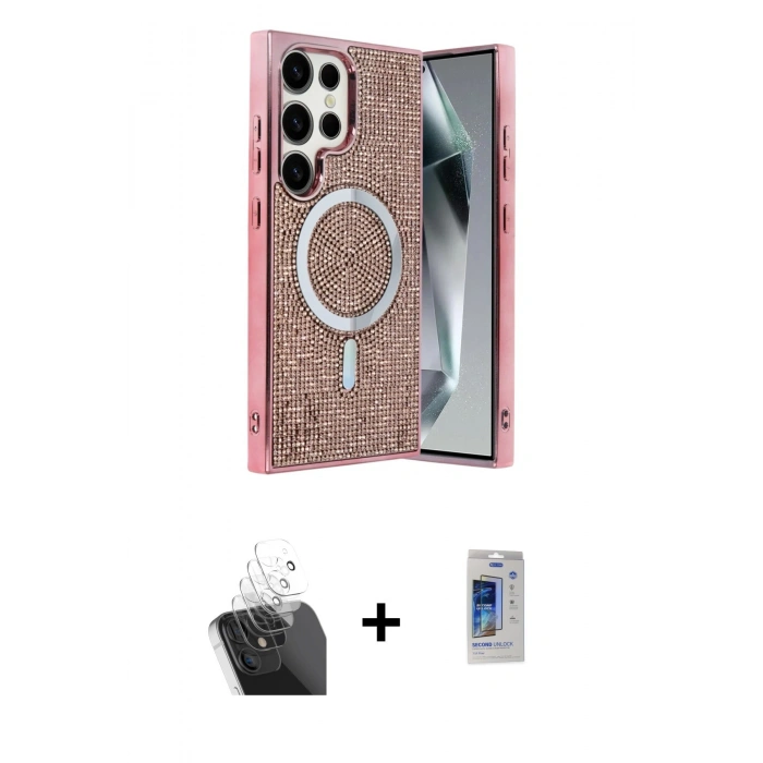 MARSİLYAN™- Galaxy S24 Ultra Kılıf Eksen Çizgi - Siyah Durable Full Glue Curved Cam + Kamera Lens Koruma Cam - SF