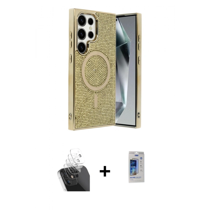 MARSİLYAN™- Galaxy S24 Ultra Kılıf Eksen Çizgi - Siyah Durable Full Glue Curved Cam + Kamera Lens Koruma Cam - SF