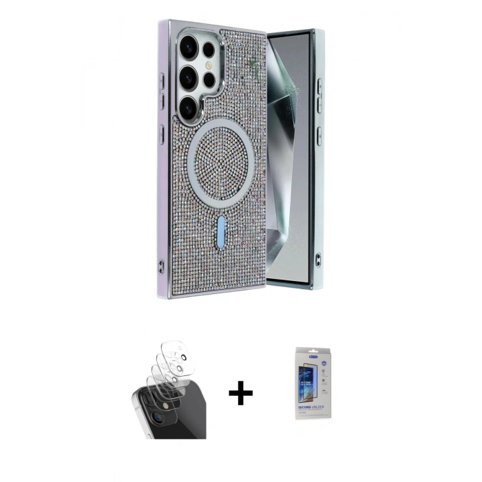 MARSİLYAN™- Galaxy S24 Ultra Kılıf Eksen Çizgi - Siyah Durable Full Glue Curved Cam + Kamera Lens Koruma Cam - SF