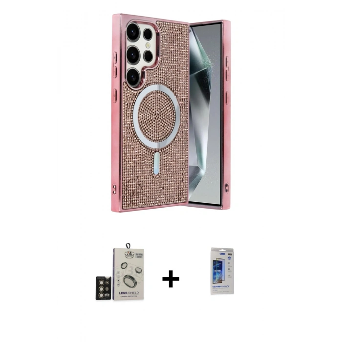 MARSİLYAN™- Galaxy S24 Ultra Kılıf Eksen Çizgi - Siyah Durable Full Glue Curved Hayalet Cam + Gold Bilvis Titan Kamera Lens