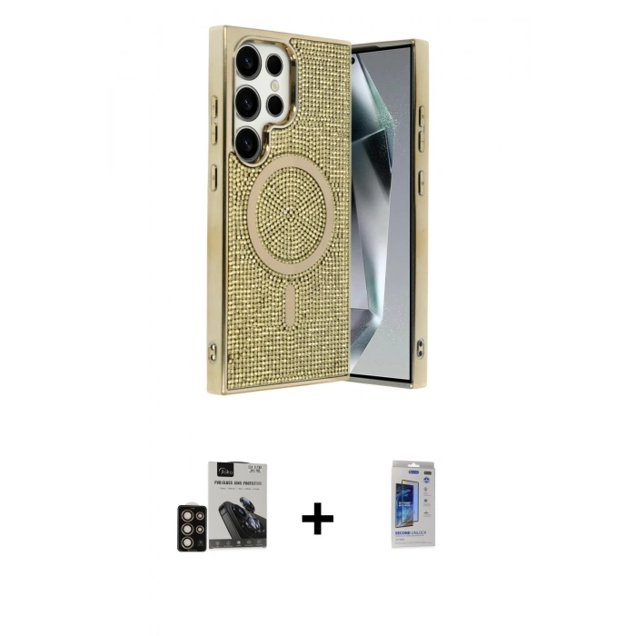 MARSİLYAN™- Galaxy S24 Ultra Kılıf Eksen Çizgi - Siyah Durable Full Glue Curved Hayalet Cam + PVD Metal Kamera Lens - GD