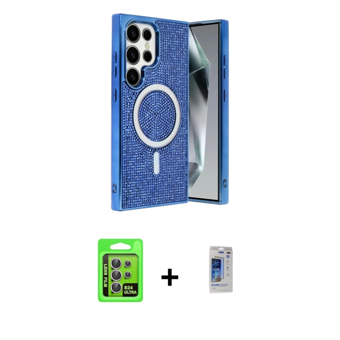MARSİLYAN™- Galaxy S24 Ultra Kılıf Eksen Çizgi - Siyah Durable Full Glue Curved Hayalet Cam + Raze Metal Kamera Lens - MR