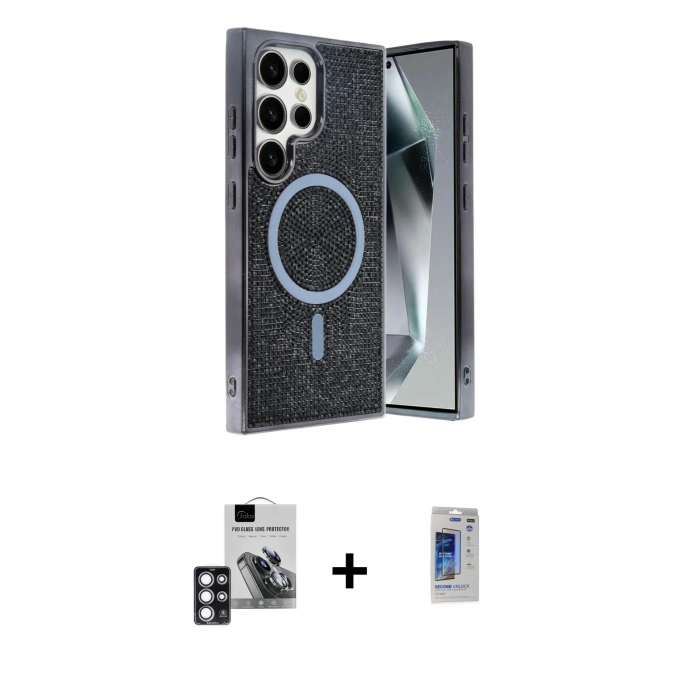 MARSİLYAN™- Galaxy S24 Ultra Kılıf Eksen Çizgi - Siyah Durable Full Glue Curved Hayalet Cam + PVD Metal Kamera Lens - PE