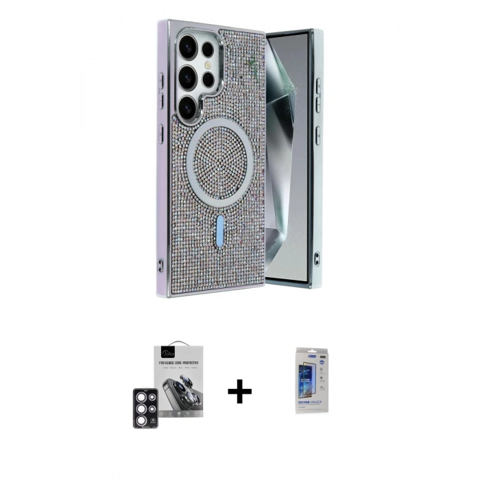 MARSİLYAN™- Galaxy S24 Ultra Kılıf Eksen Çizgi - Siyah Durable Full Glue Curved Hayalet Cam + PVD Metal Kamera Lens - PE