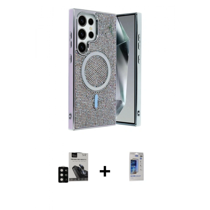 MARSİLYAN™- Galaxy S24 Ultra Kılıf Eksen Çizgi - Siyah Durable Full Glue Curved Hayalet Cam + PVD Metal Kamera Lens - SH