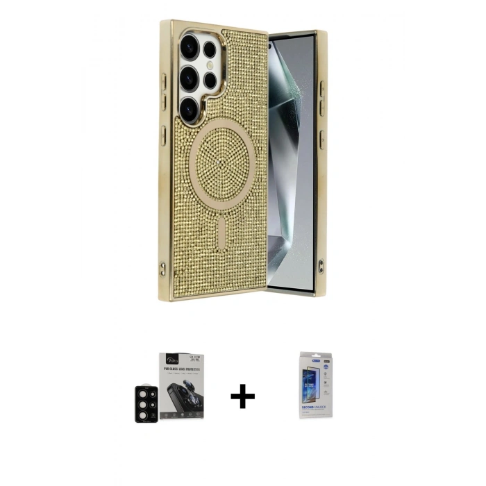 MARSİLYAN™- Galaxy S24 Ultra Kılıf Eksen Çizgi - Siyah Durable Full Glue Curved Hayalet Cam + PVD Metal Kamera Lens - SH