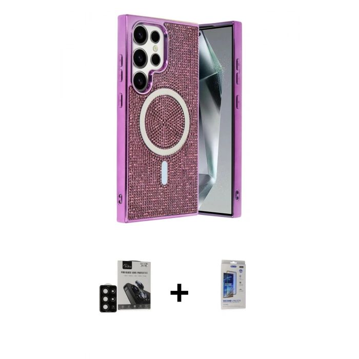MARSİLYAN™- Galaxy S24 Ultra Kılıf Eksen Çizgi - Siyah Durable Full Glue Curved Hayalet Cam + PVD Metal Kamera Lens - SH