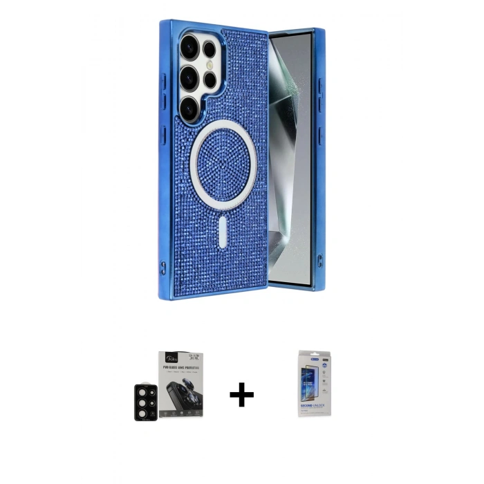 MARSİLYAN™- Galaxy S24 Ultra Kılıf Eksen Çizgi - Siyah Durable Full Glue Curved Hayalet Cam + PVD Metal Kamera Lens - SH