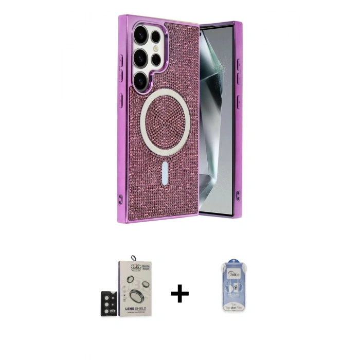 MARSİLYAN™- Galaxy S24 Ultra Kılıf Eksen Çizgi - Siyah Joko Magic 5D Cam + Bilvis Titan Kamera Lens - SH