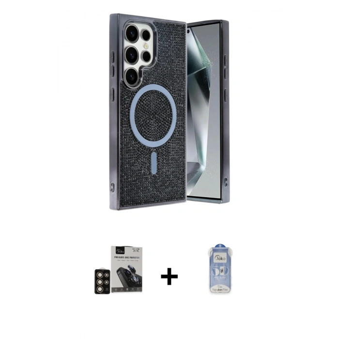 MARSİLYAN™- Galaxy S24 Ultra Kılıf Eksen Çizgi - Siyah Joko Magic 5D Cam + PVD Metal Kamera Lens - GD